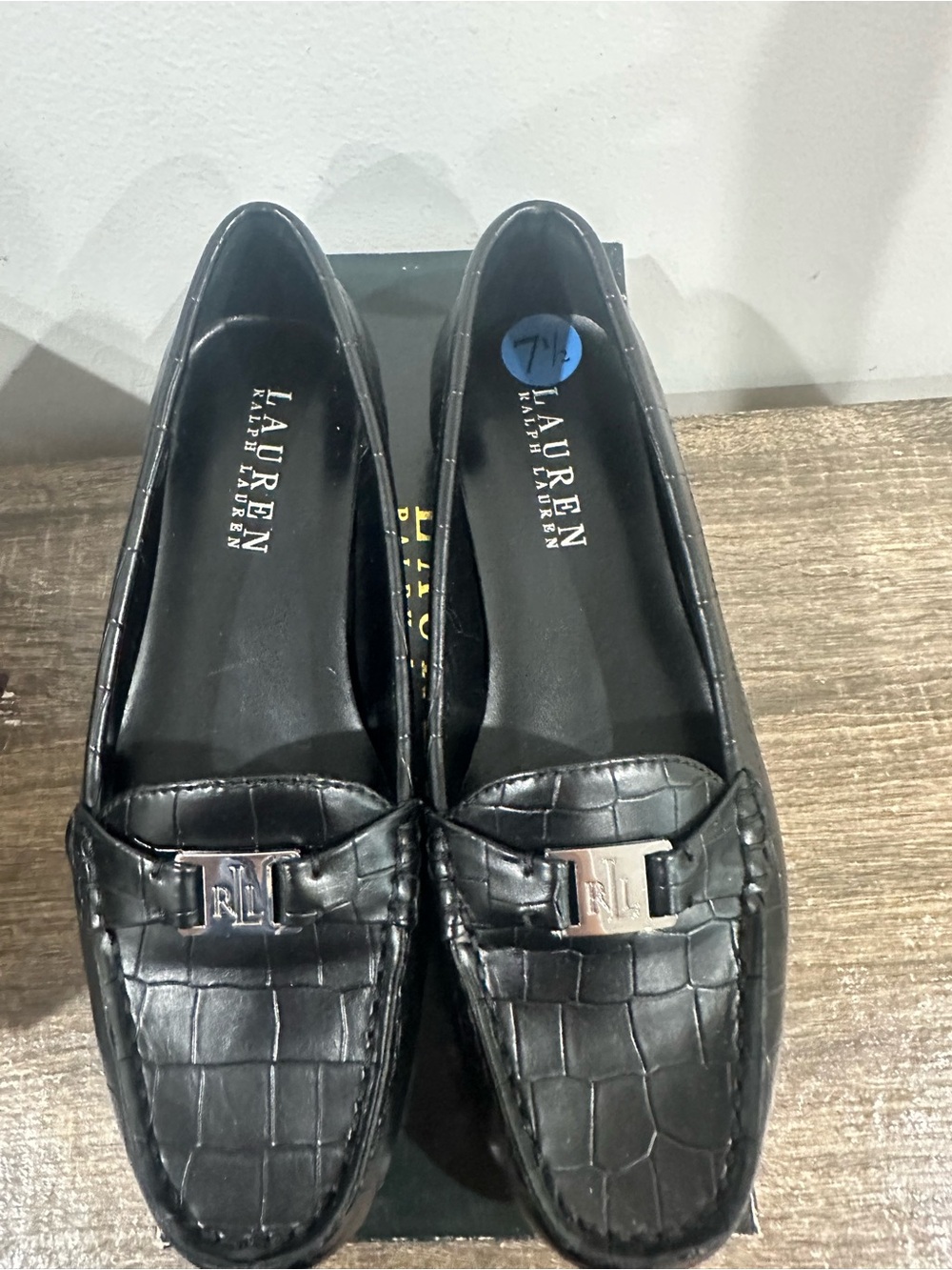 Lauren Ralph Lauren Black Croc-Embossed Slip-On Loafers with RL Accent